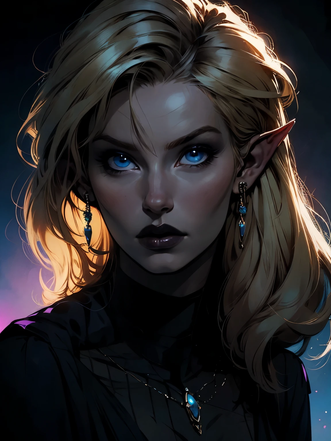  beautiful blond elven woman in her 30s, with blue eyes and striking features, exuding maturity and allure in a seductive pose.(dark background), trim light , contrast , gotic makeup, pointy ears,