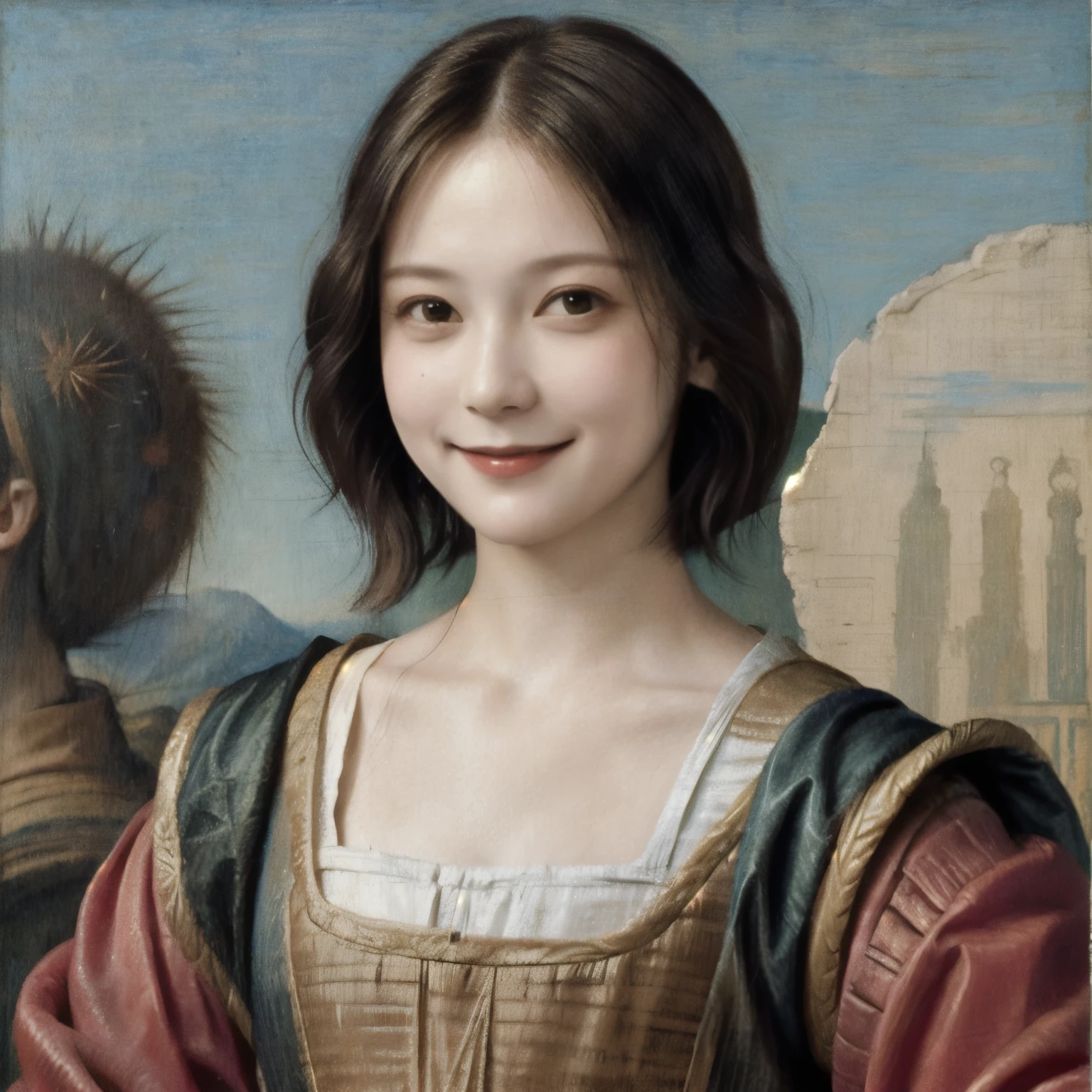 260 femmes de 20 ans, (Cheveux courts),(Authentique), sourire,  (Peintures de Léonard de Vinci)