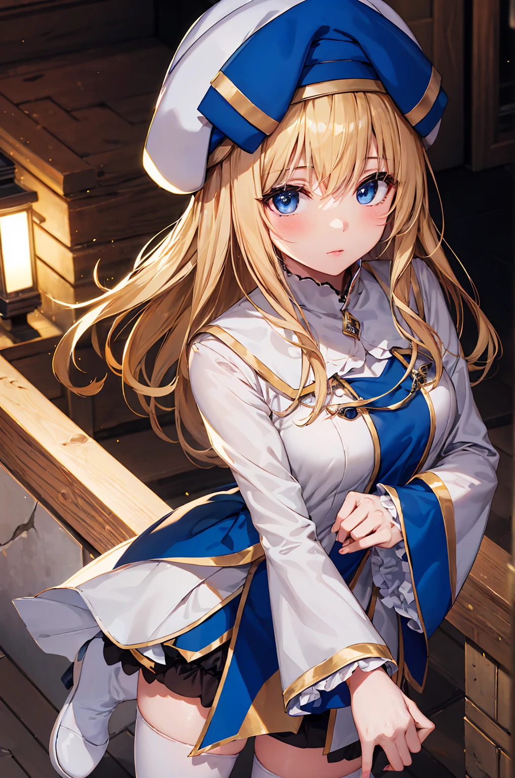 (upper body),slender,1girl,priestess, blonde hair, blue eyes, long hair, hair between eyes,blush,
boots, dress, frilled sleeves, frills, hat, white headwear, pelvic curtain, high heels, robe, thigh boots, thighhighs, white thighhighs, long sleeves, puffy sleeves,top-quality,Top image quality,perfect anatomy,masterpiece,ultra-detailliert,Beautiful,ultra-quality, best quality,high resolution, ultra-detailed,game cg,dutch angle ,beautiful detailed eyes,visualart,five fingers, perfect hands, perfect lighting,