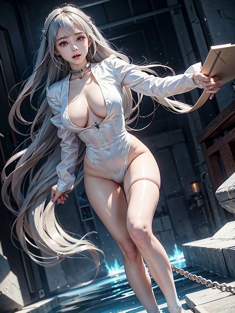 （（high quality、masterpiece、detailed、normal body、５This finger、precise、delicate））、Magical girl（（silver hair、Colored leotard armor with white as the base color、super uper high leg、transparent leotard、iron collar、torn leotard、torn leotard、Estrus、Aphrodisiac effect、Erogenous zone sensitivity 100 times、nipple erection、clitoral erection、orgasm、Pupil is heart））、Defeated heroine、The leotard is torn and there is a hole.、Stretch your arms from side to side、defeated and crucified、crucified on the cross、Crucifixion in chains、restrained by chains、open your mouth、shortness of breath、white breath、A sweet sigh、Ahe face with white eyes turned、slave collar、leash collar、strict collar、iron collar、Slave Fall、fall of pleasure、belly exposed、Dirty crest on the abdomen、The lewd crest shiney body is on fire、rotor on nipple、rotor on clitoris、Orgasm brings you to the height of happiness