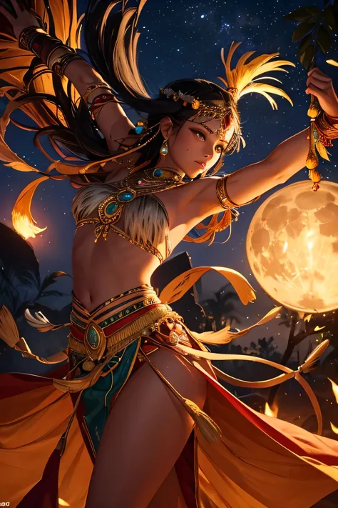 a stunning amazon warrior performs a traditional dance under the moonlight, surrounded by the shadowy greenery of the jungle. sh...