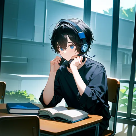 A man, at school sitting , wearing a headset, holding a book, black hair, wearing a blue shirt, bust up!!!!
