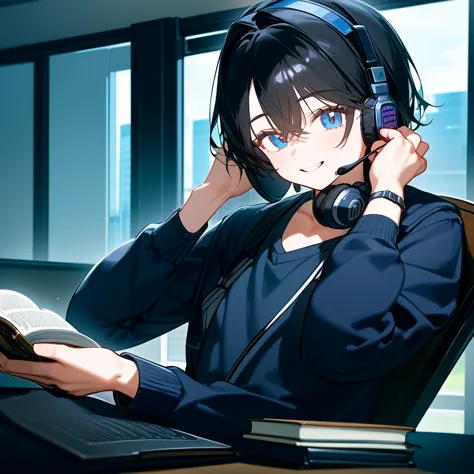 A man, at school sitting , wearing a headset, holding a book, black hair, wearing a blue shirt, bust up!!!!, smile at camera