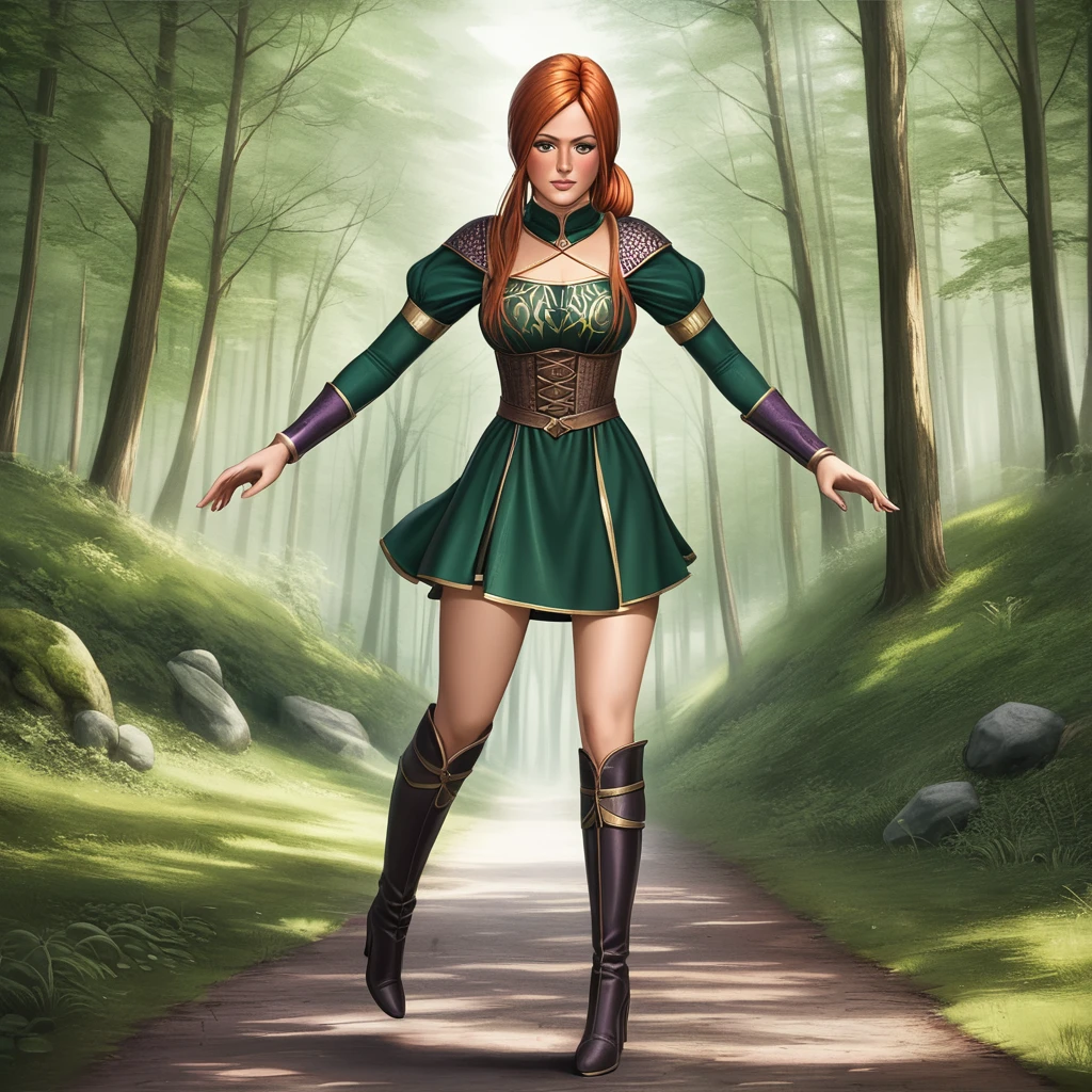 1girl, solo, 1woman, forest, walking, masterpiece, best quality, highly detailed, ((short sorceress outfit, sorceress girl)),((short purple sorceress dress, tight short dress, gold engraving, leather boots, high heel boots)), long ponytail hair, orange hair, ((front view:1.5)), ((full body:1.5)), (shy pose:1.5)