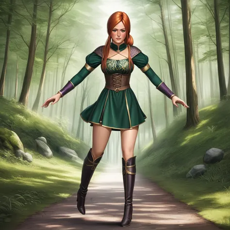 1girl, solo, 1woman, forest, walking, masterpiece, best quality, highly detailed, ((short sorceress outfit, sorceress girl)),((s...