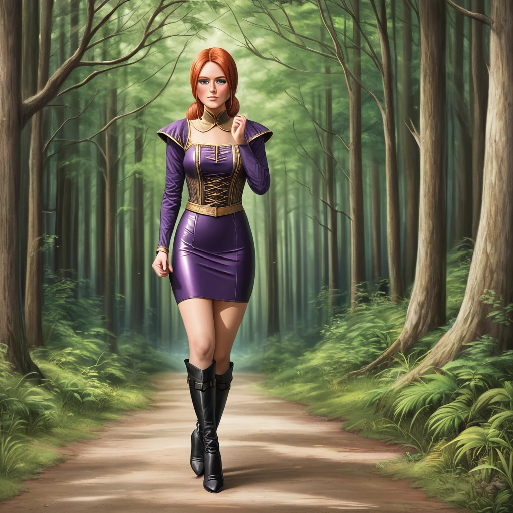 1girl, solo, 1woman, forest, walking, masterpiece, best quality, highly detailed, ((short sorceress outfit, sorceress girl)),((short purple sorceress dress, tight short dress, gold engraving, leather boots, high heel boots)), long ponytail hair, orange hair, ((front view:1.5)), ((full body:1.5)), (shy pose:1.5)