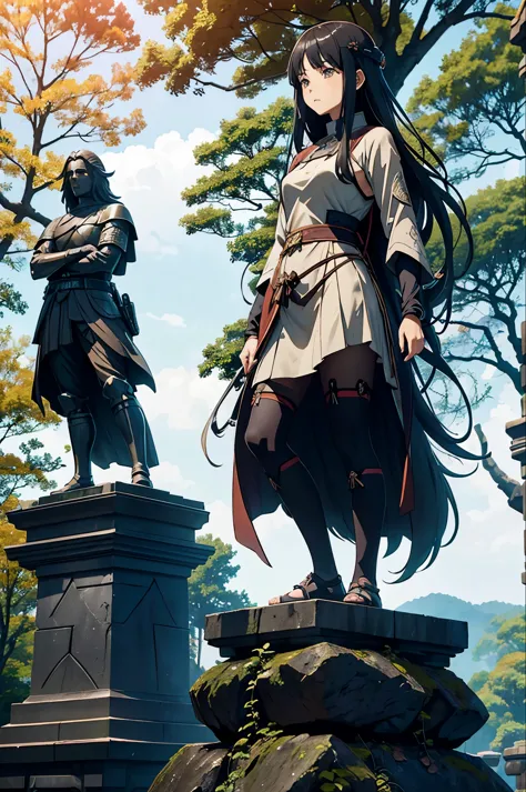 anime,(In the Katana Stone),Girl Attractive,Suitable for Stone,autumn forest,Small Paved Path to the Stone,Leaves are crumbling,Dress with Diagonal Patterns,Behind the Stone,Statue Monument of a Hero in Armor and Long Hair,Feels nostalgic. 