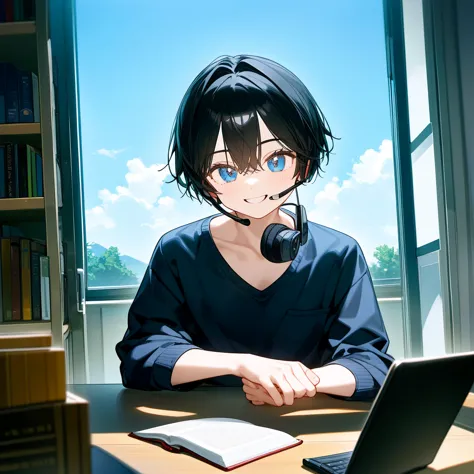 A man, at school sitting , wearing a headset, holding a book, black hair, wearing a blue shirt, bust up!!!!, smile at camera