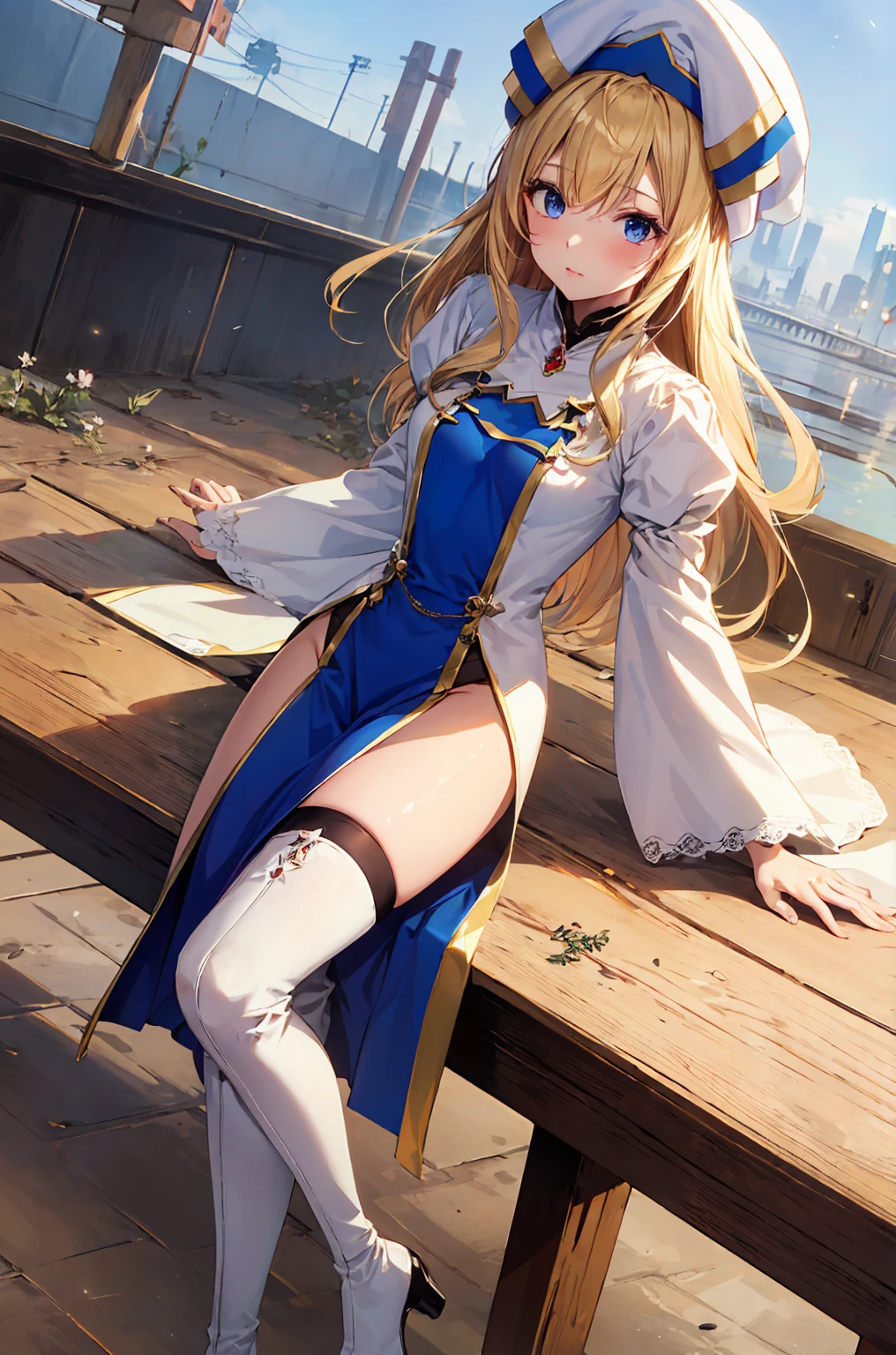 (upper body),slender,1girl,priestess, blonde hair, blue eyes, long hair, hair between eyes,blush,
boots, dress, frilled sleeves, frills, hat, white headwear, pelvic curtain, high heels, robe, thigh boots, thighhighs, white thighhighs, long sleeves, puffy sleeves,top-quality,Top image quality,perfect anatomy,masterpiece,ultra-detailliert,Beautiful,ultra-quality, best quality,high resolution, ultra-detailed,game cg,dutch angle ,beautiful detailed eyes,visualart,five fingers, perfect hands, perfect lighting,