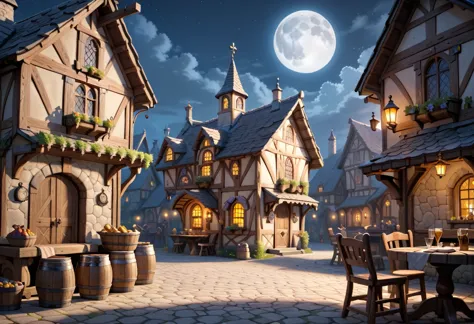 beautiful small medieval village, medieval tavern, midnight, full moon, masterpiece quality, ultra HD, 4K, best quality