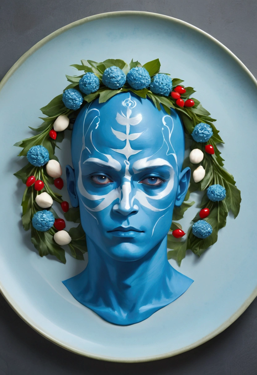 1 Blue-skinned man on a food plate，Wreath on head