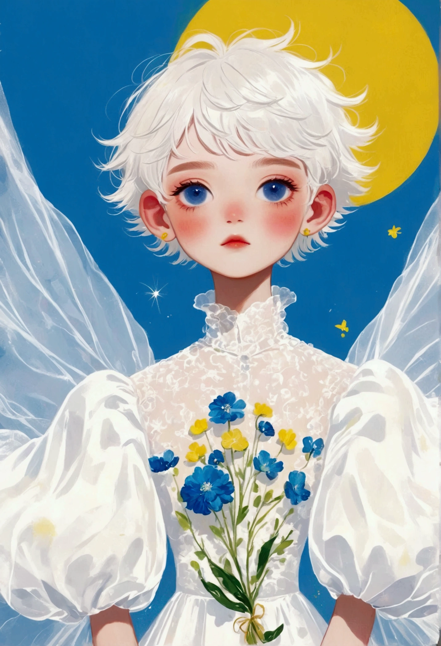 (1 beautiful boy，Blue pupils，White short hair，Delicate hair,glowing body)，(Exaggerated dress，Puffy and exaggerated sleeves，Fluffy，Fluffy白色薄纱)，yellow solid color background