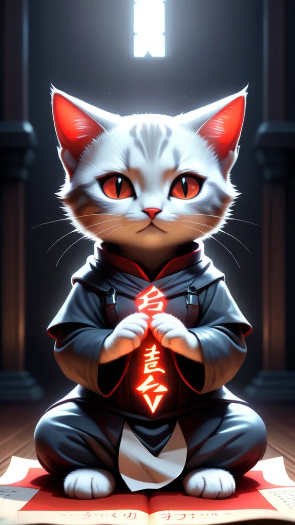 NESStylea tiny adorable demonic kitten meditating, wrapped in sacred parchment with glowing text, smooth, intricate, elegant, digital painting, artstation, power runes, pulsing energy, concept art, sharp focus, octane render, illustration, art by shintaro kago and beeple, overwatch character,, NES-inspired, gray plastic, red plastic, 24mm, (analog, cinematic, film grain:1.3), Bokeh DOF, (Masterpiece:1.3) (best quality:1.2) (high quality:1.1)