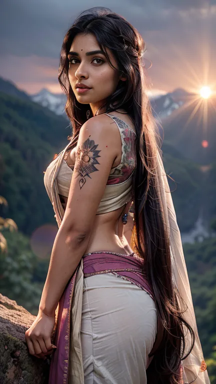 30 year old indian woman, wearing saree, long braid hair, mountain forest, ultra realistic, realism, cute, charming, dusk time, ...