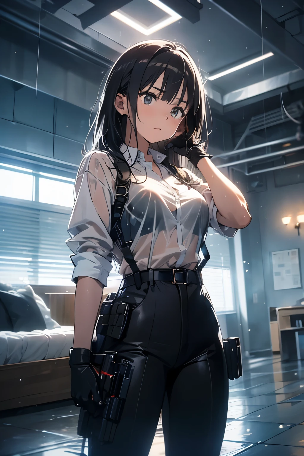 1 female, , high quality, masterpiece, Ultra-high resolution, , Cinema Lighting, , , And the suspenders with the cranes flying　　　Large Breasts　 　 　　　　Small face　 　　　holster　　　　　　　 Lying in bed　Looking up　　　　Sweat 　　　belt　summer　脇Sweat 　Black Hole Gloves　suit　shirt　　Black jacket　 Black trousers　Leg Links　ズボンにbelt　　holster　 　　Hands behind your back　 Anxious expression　Looking up　Anxious face, legs apart　Armament　Handgun　handcuffs　Cable ties　レッグholster　holster　See-through clothing　heavy rain　Getting wet in the rain