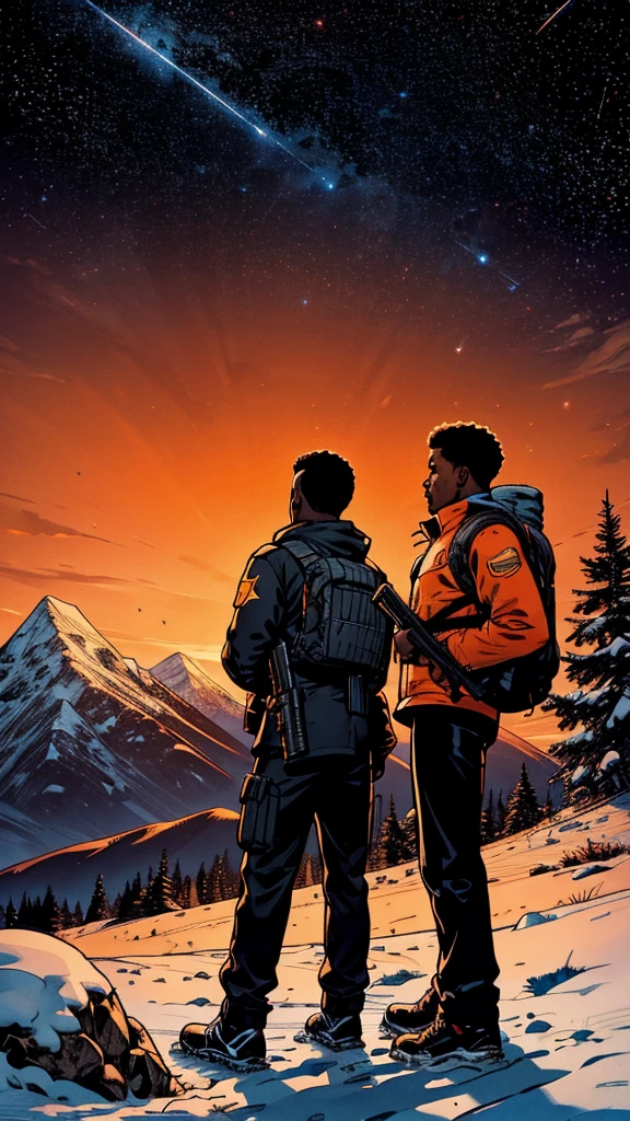 3 black teenagers with guns seen from shore, mountainous adventure scenery, cartoon, snow on mountain peak, dusk, starry sky, orange sky  