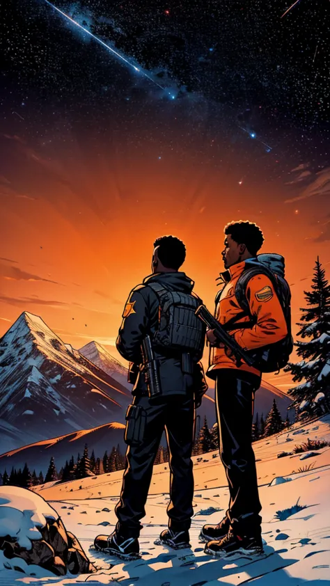 3 black teenagers with guns seen from shore, mountainous adventure scenery, cartoon, snow on mountain peak, dusk, starry sky, or...