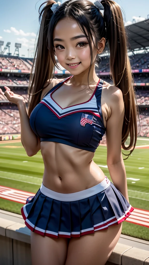 1 girl, japanese, 14 years old, white skin, medium chest, watching the view, (smile:1.5), 
beautiful detailed eyes, (long hair:1.4, twintails:1.7), (navel:1.1)
(cheerleader:1.5), 
(beautiful scenery), day time, (stadium:1.5), 
(8k, top-quality, masterpiece​),