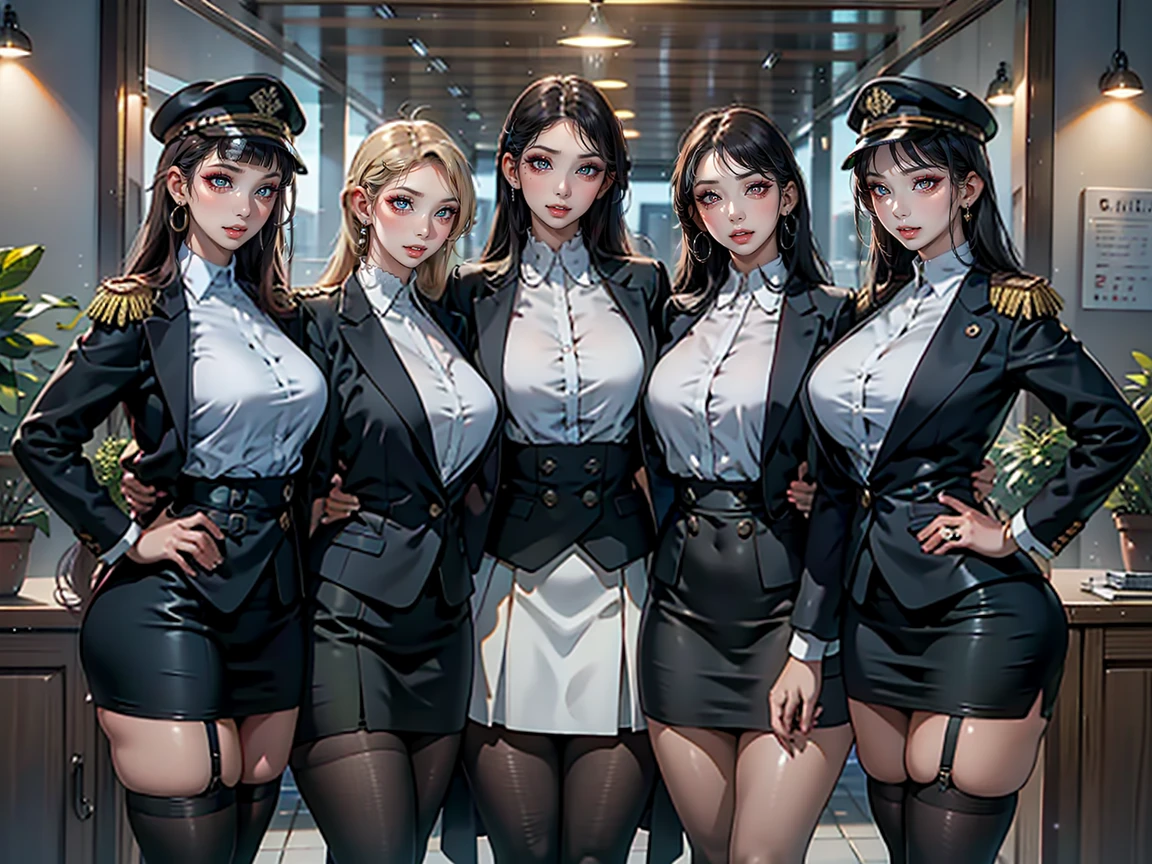 Multiple Girls, Group photo, Five Girls, Are standing, (salute), Gold earrings, Large Breasts, jewelry, military cap, (uniform), (epaulet), Jacket, Harness, Thigh straps, Black thigh-high boots, (Layered skirt), mini skirt, corruption, Hollow Eyes, Half-closed eyes, Wicked Smile, No students, Grin, One girl, ((Mature Woman)), Mature Woman, Married women, Dark Theme, Dark person, Skin Dentition, Wide Hips, software