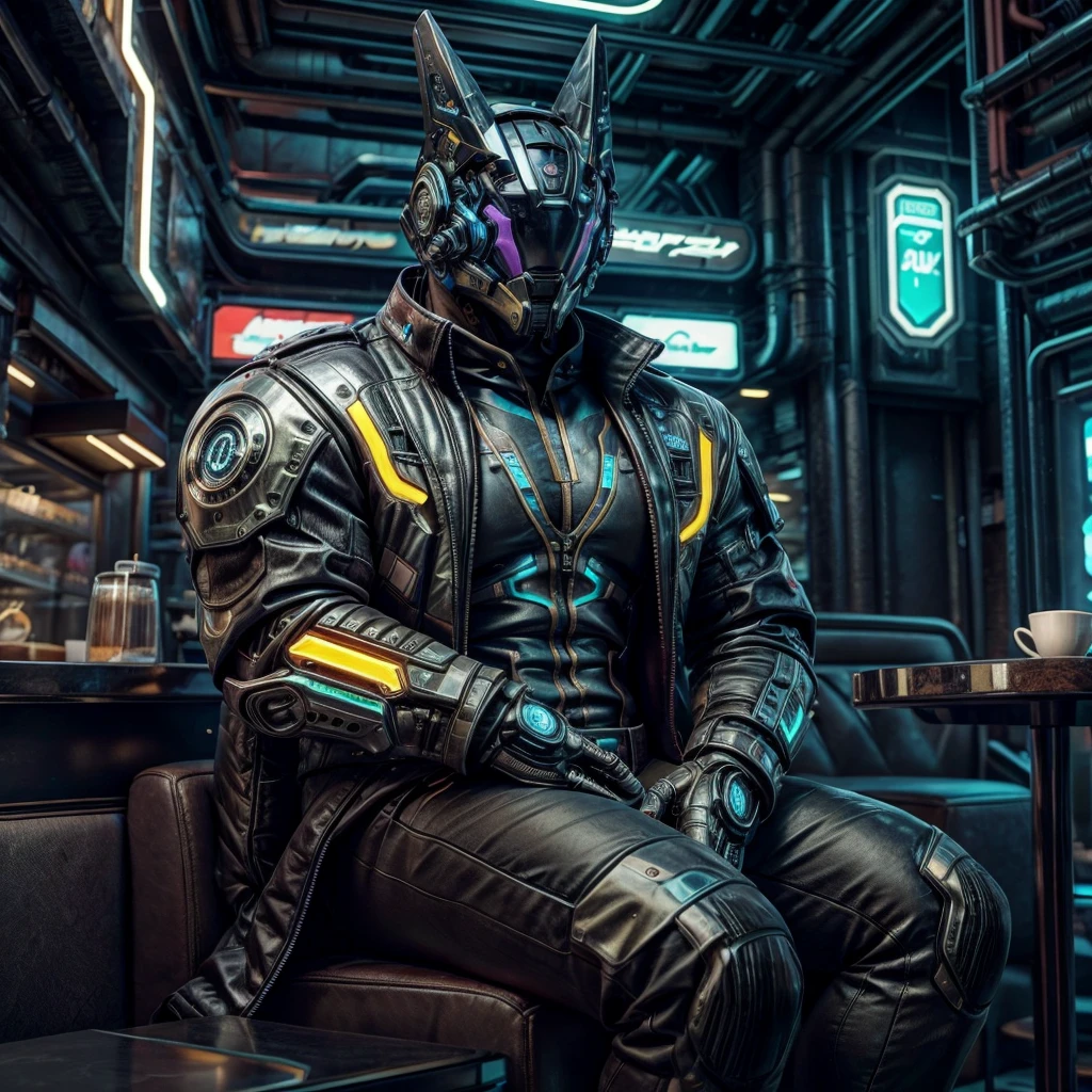 male, (muscular, only Glowing cyberpunk future helmet, business suit,)  realistic, cafe, sitting in front