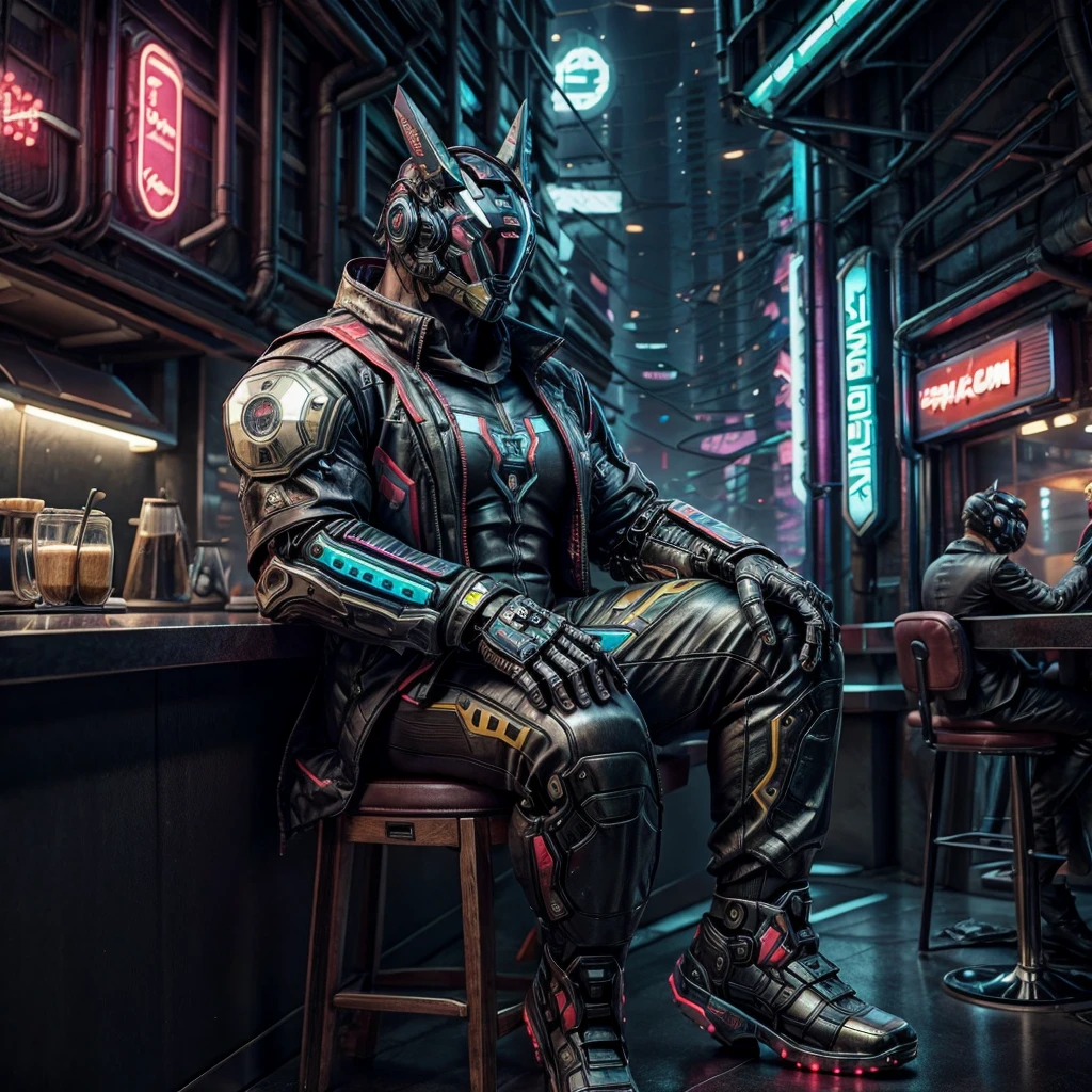 male, (muscular, only Glowing cyberpunk future helmet, business suit,)  realistic, cafe, sitting in front,