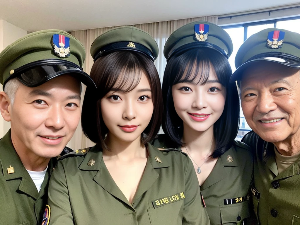 (A cute and beautiful Korean female soldier poses for a commemorative photo with her friendly elderly and male soldiers.:1.3)(Grinning expression:1.2)(20-year-old:1.3)(Huge , There is cleavage in the chest:1.2),(Sweating profusely)(Huge boobs)(Elegant and shiny black bob cut:1.2))(8k, RAW Photos, Highest quality, masterpiece: 1.2),High-resolution RAW color photos, Professional photos, Very detailed and beautiful,(she&#39;She&#39;s very skinny but has big breasts:1.4), Small face:1.Perfect anatomical figure、(Huge breasts that make your clothes burst: 0.9) (Huge胸 :1.4)(Classy makeup,eyeliner/eye shadow,lipstick,Fair skin,Beautiful Skin)(Full body photo:1.1)(Shiny Hair:12)(lipstick:1.1)(uniform:1.2)(Sexy Korean Woman:1.2)(Military departure ceremony:1.1))(Group photo:1.3)(All beautiful girls:1.2)Military facilities,