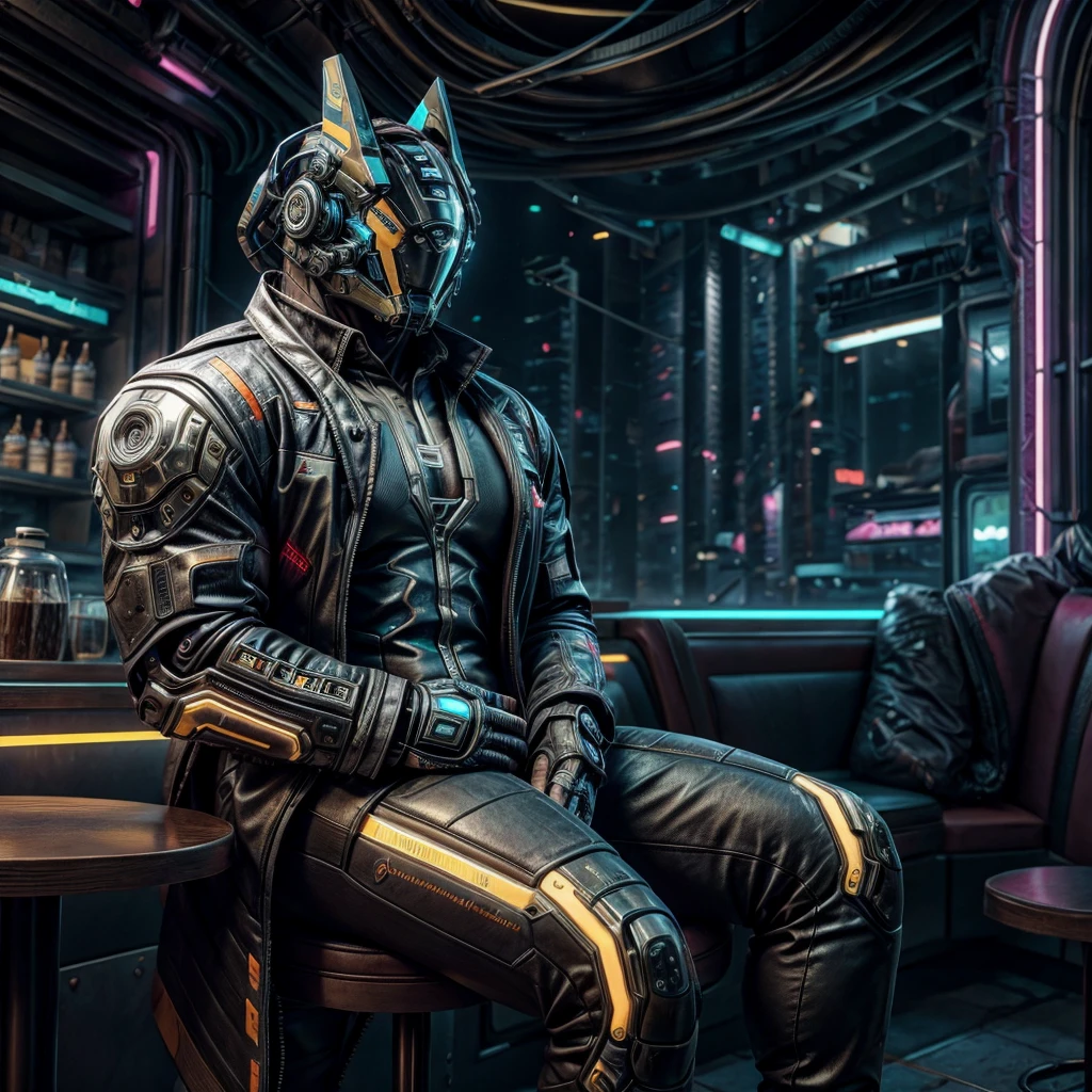 male, (muscular, only Glowing cyberpunk future helmet, business suit,)  realistic, cafe, sitting in front,