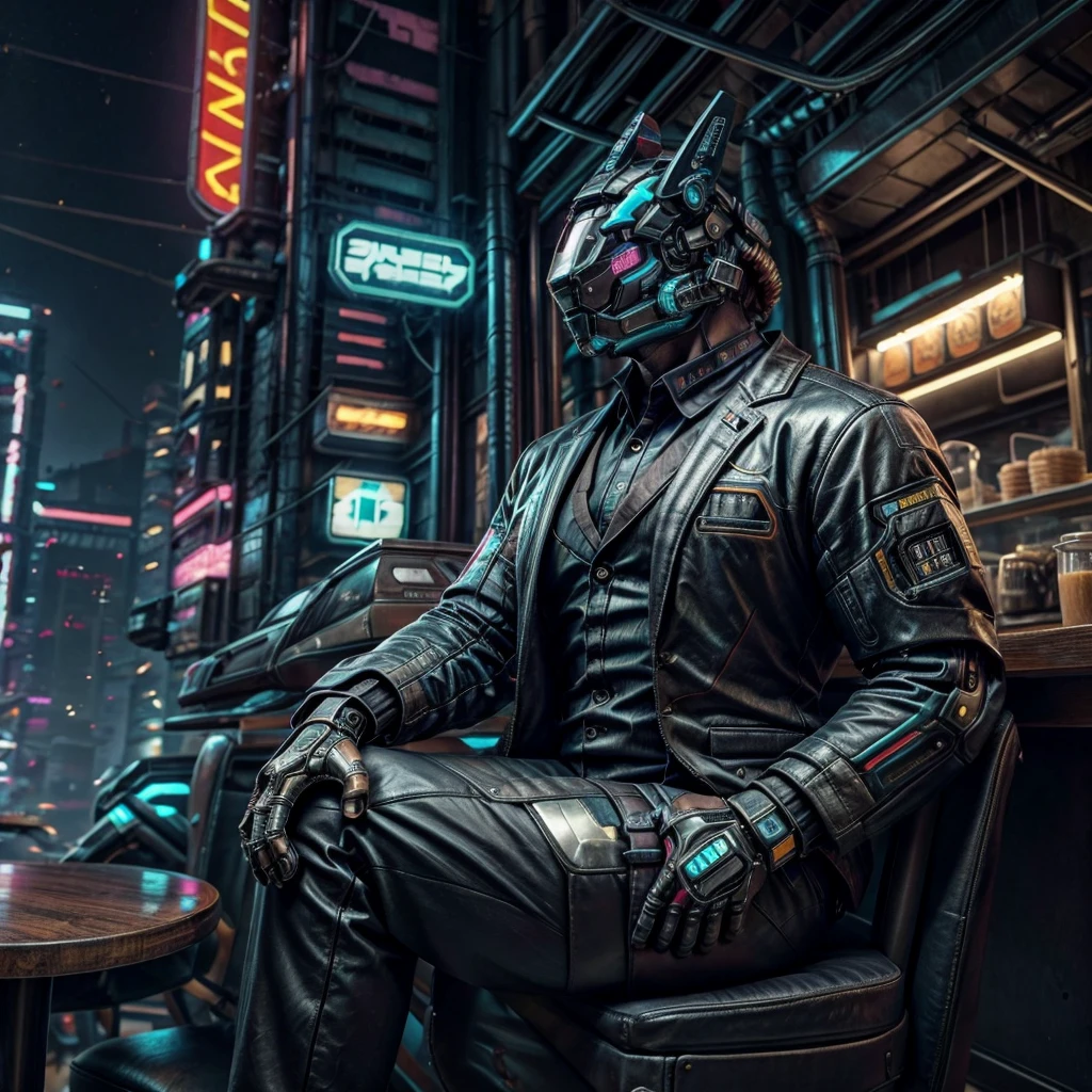 male, (muscular, only Glowing cyberpunk future helmet, business suit,)  realistic, cafe, sitting in front,