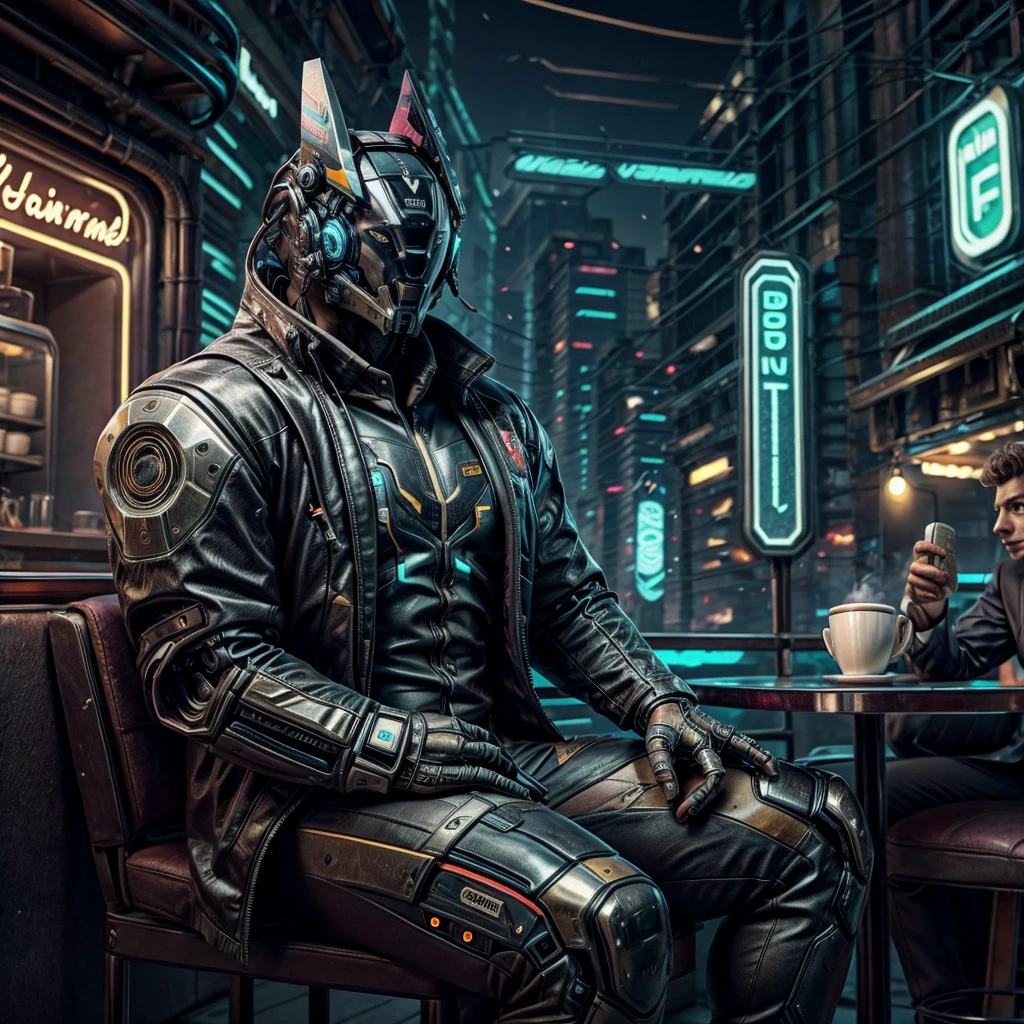 male, (muscular, only Glowing cyberpunk future helmet, business suit,)  realistic, cafe, sitting in front,