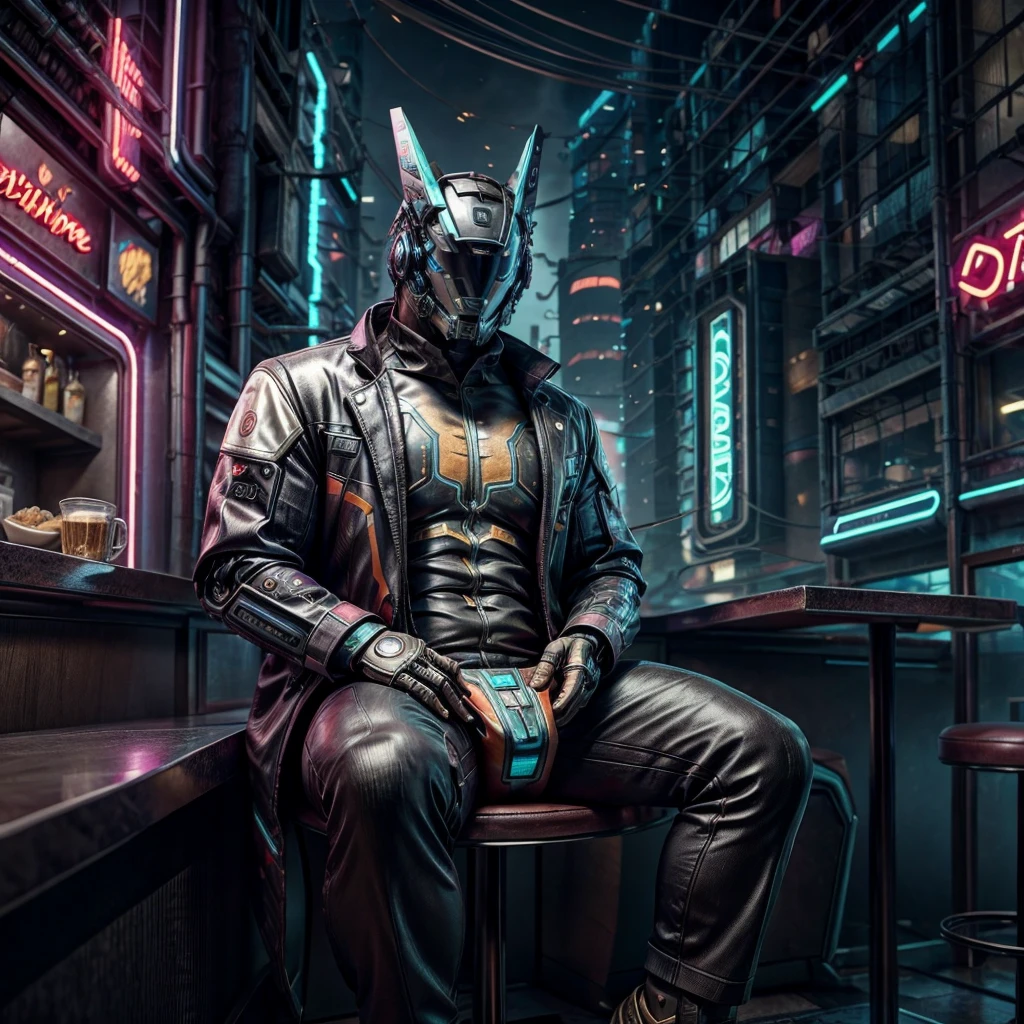 male, (muscular, only Glowing cyberpunk future helmet, business suit,)  realistic, cafe, sitting in front,