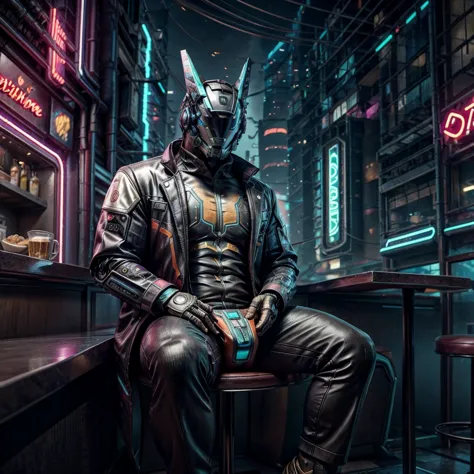 male, (muscular, only glowing cyberpunk future helmet, business suit,)  realistic, cafe, sitting in front,