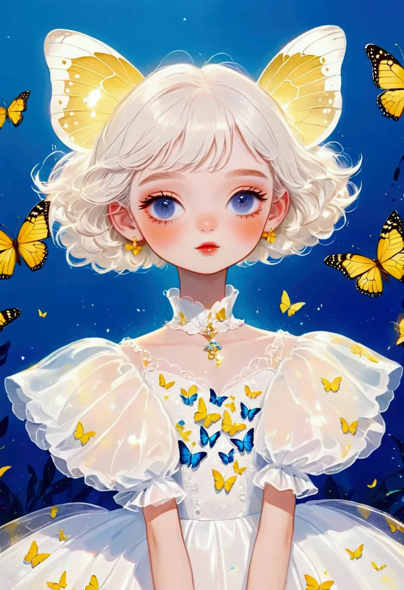 (1a cute little girl and glowing butterflies，blue pupils，white short hair，delicate hair,glowing body)，(exaggerated dress，puffy a...