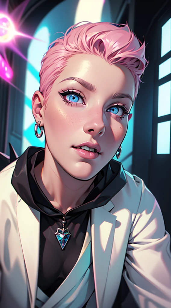 butler outfit, short pink hair, blue colored eyes, ashen skin, demon, claws, bangss, gothic art, full body shot shot, elegant pose, ssmile, Romanticism, work of art, anatomically correcte, high qualiy, super detaill, best qualityer, 4K, 8k, Perfect Woman, the most beautiful woman, her face has to be symmetrical and beautiful, baby pink hair, best qualityer final, beautfull woman, speech bubble, Galaxy,60s,70s,80s,colorfully,cosmo,space,oculos de sol