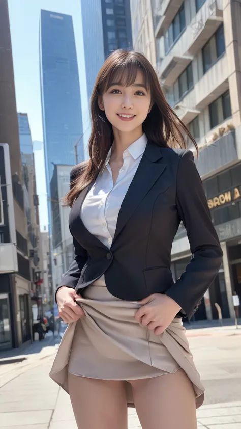 woman in a suit standing on the sidewalk,((25-year-old woman))、big breasts、dark brown hair color、hairstyle with bangs、various ha...