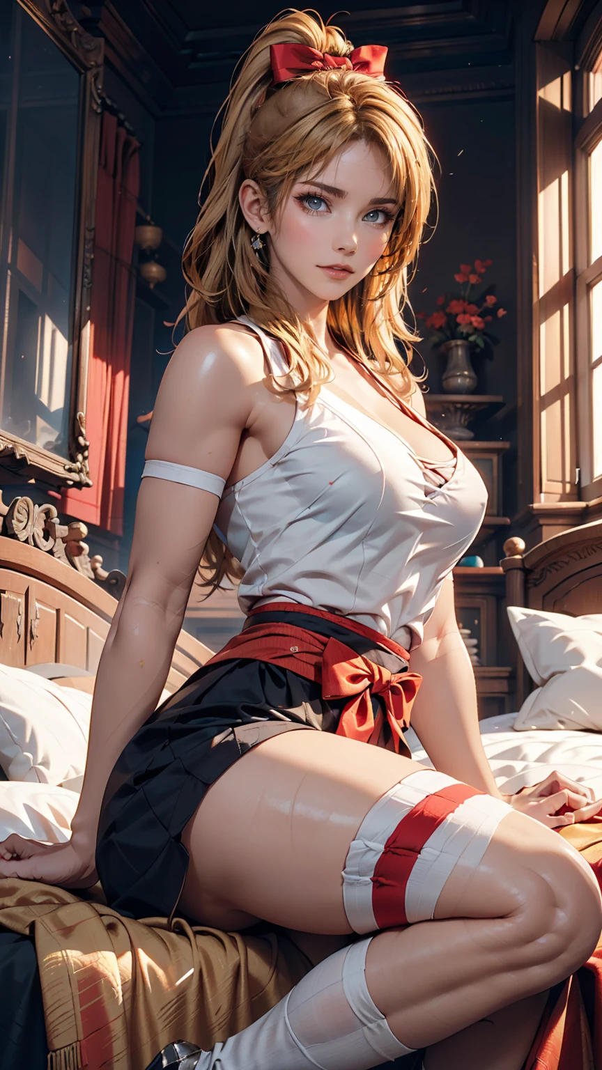 masterpiece, Ultra-high-definition CG, Highest quality, Perfect photo, alone, Lydia Sobieska (Iron fist, Blonde hair in a high ponytail, blue eyes, Red Hair Bow, strong), Wearing a sexy karate uniform, Sit on the bed, Turn to the side, blush, Show your shoulders, In a European mansion