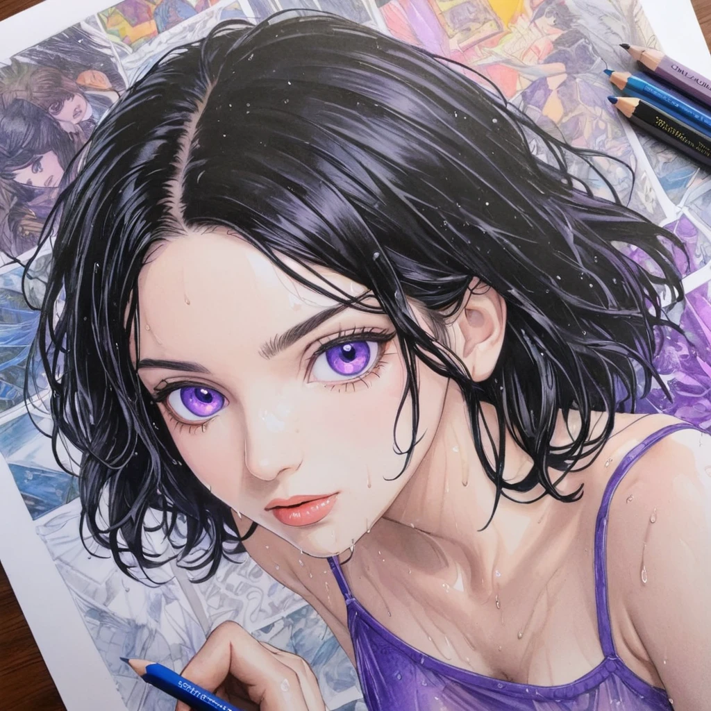 Raven，short wet transparent camisole，dark hair and violet eyes, white，accurate perfect hands, Art，ad，colour pencil drawing，draft drawing ，comic collage，illustration