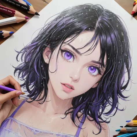 raven，short wet transparent camisole，dark hair and violet eyes, white，accurate perfect hands, art，ad，colour pencil drawing，draft...