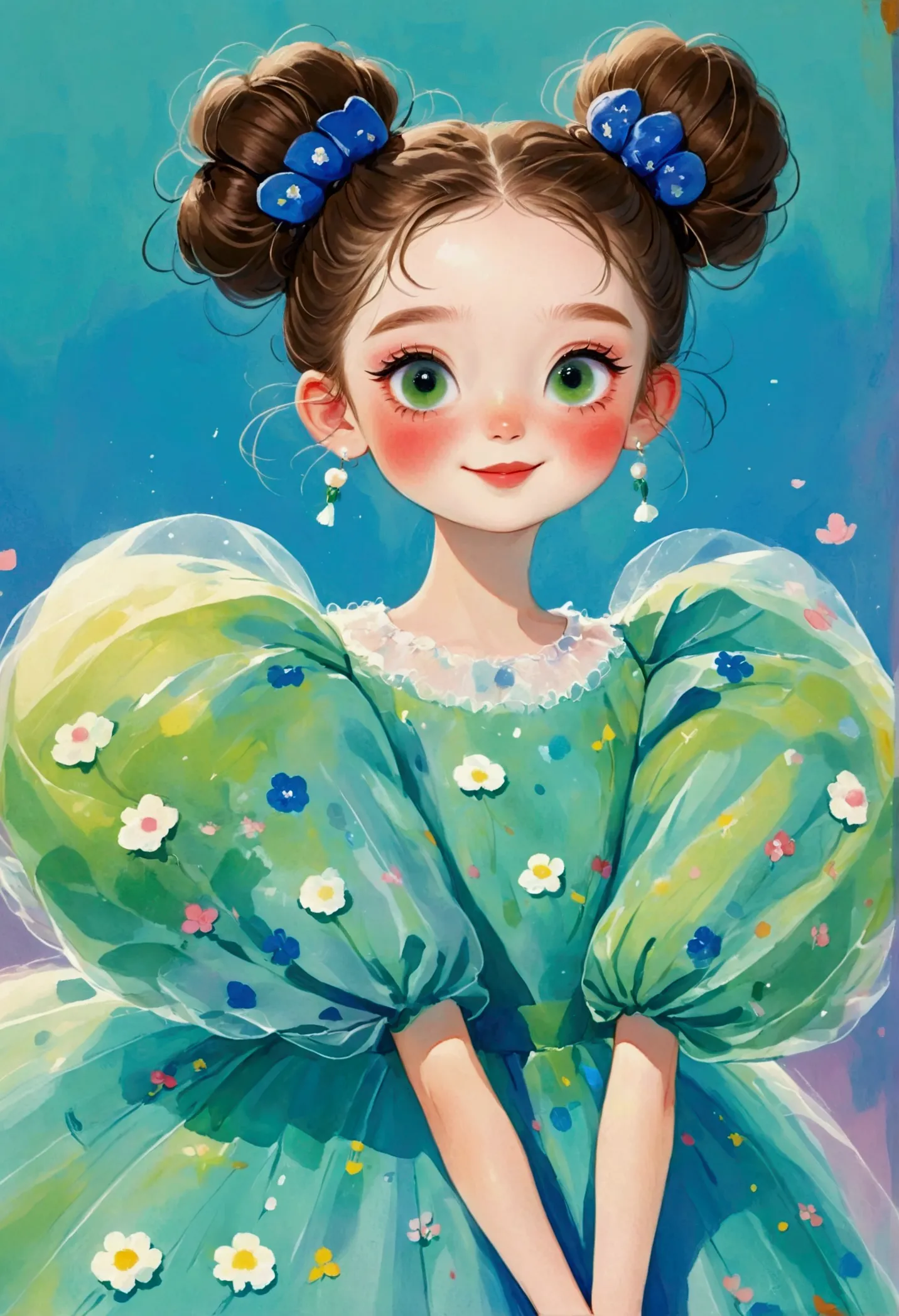 a painting，pastel art：(1 cute little girl,blue pupils，laugh out loud，high bun，delicate hair,)，(exaggerated dress，puffy and exagg...