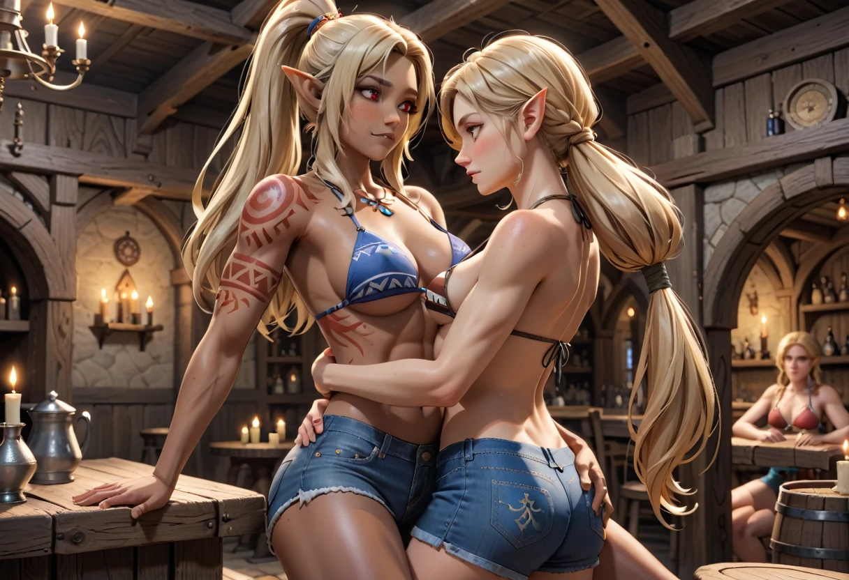 2 chicas, llevando niña, llevando niña over shoulder, Persona portadora, persona levantada, persona en el hombro, parte superior del bikini, shorts de mezclilla, tatuaje tribal, piel oscura, pechos medianos, muscular, cola de caballo larga, pelo rubio, dark elf, cara perfecta, ojos rojos perfectos, interior de taberna medieval, scenario, medianoche, Luz de una vela, calidad de obra maestra, ultra alta definición, 4k, mejor calidad