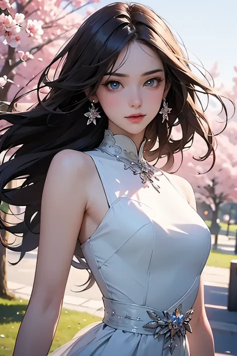 {{{masterpiece}, }}, {Highly detailed CG synthesis 8k wallpaper}, Amazing, Fine details, alone, {{Floating Hair}, }, {{cherry blossoms}, }, outdoor activities, null, {{Wind}, }, Detailed Background, Beautiful and delicate eyes, perspective:Evening Dresses:0.3, Split, Bright Eyes, {{whole body}, }, Dynamic pose, Dynamic Angle, Split, Looking at the audience, Detailed clothing, Light, close, highest quality