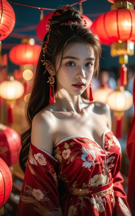 spring festival, chinese clothes, red cloth embroidery, bare shoulders, red lantern, hair accessories, (((red theme, bright them...