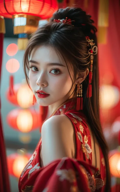 spring festival, chinese clothes, red cloth embroidery, bare shoulders, red lantern, hair accessories, (((red theme, bright them...