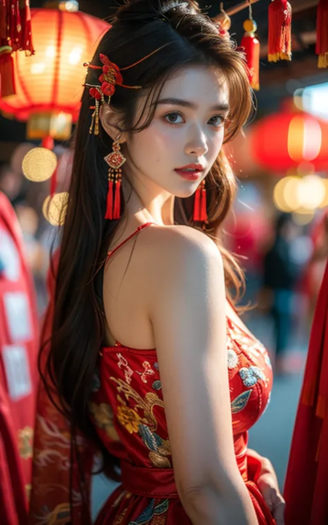 spring festival, chinese clothes, red cloth embroidery, bare shoulders, red lantern, hair accessories, (((red theme, bright them...