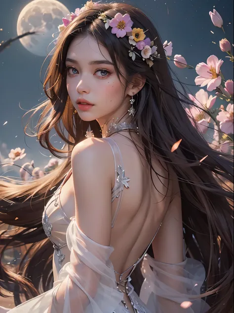 An adult female, Solitary, Upper Body, Rear view (Transparent dress:1.2), Lavender, Flower Field, flowering, night, moon, The wind blows, Flowing long hair ,A faint smile, Dynamic Angle, (Falling Flowers, Light tones, Colorful sparks float:1.1) , elegant, Ultra-fine face, Delicate eyes, Glowing skin, Glossy lips, Dark brown hair(Official Art, Unity 8K wallpaper, Extremely detailed, beautiful and aesthetic, masterpiece ,best quality:1.3),(Reality:1.3)