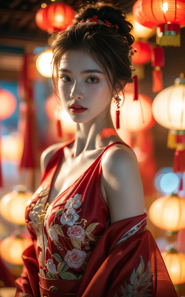 Spring Festival, Chinese clothes, Red cloth embroidery, Bare shoulders, Red Lantern, Hair accessories, (((Red Theme, bright theme))), (masterpiece),((Extremely detailed)), (Highly detailed CG illustrations),(Poker face), (best quality:1.2),(1 Girl:1.2),High quality textures, Intricate details, Detailed texture, High quality shadows, Brown pupils, Depth of Field, view,20 seconds, (big eyes:1.2),blush, Glossy lips, Perfect body, Weight loss, (Willow Waist:1.3), Large Breasts, clearly_image, (Glowing skin), Focus only, (Brown hair), (Striped hair), ((Long hair)), 