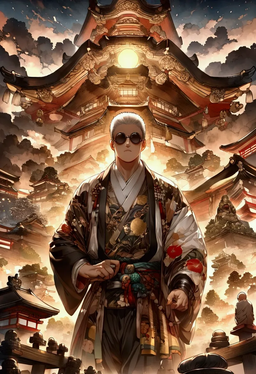 japanese monk、small、round sunglasses、hero of justice、one punch man、japanese temples、buddha&#39;s light