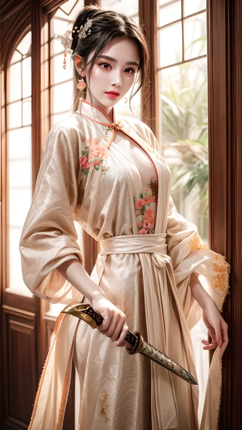 best quality, masterpiece, high resolution,a girl,pretty face,whole body,chinese clothes,white taoist robe,right hand holding sw...