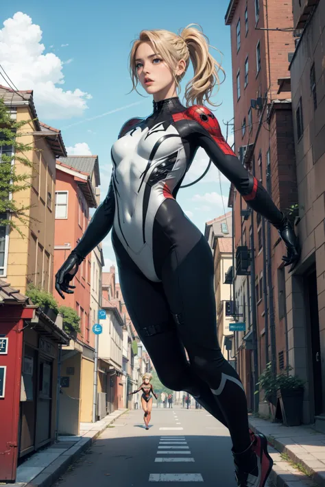 1 girl, blonde ponytail hair, wearing spidergirl suit, serious face, fullbody shot, jumping on the building, 