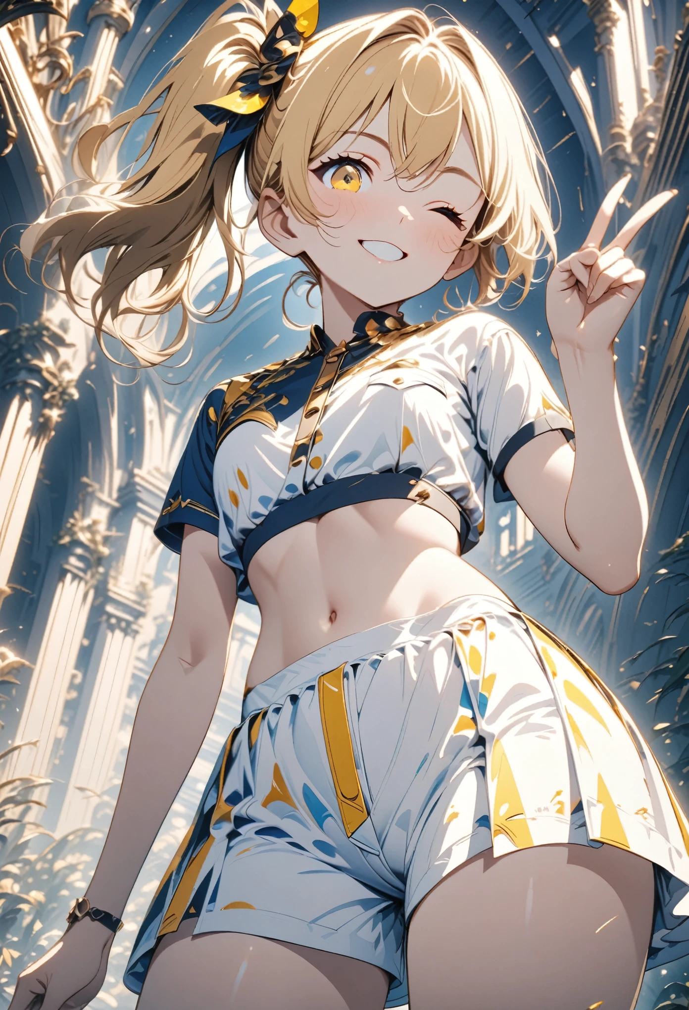 (master piece),(best quality),(ultra detailed),２D anime,One Woman:1,(15yo girl:1),(side ponytail:1),(gold hair, white inner hair:1),(yellow eye:1),small breasts, midriff peek:1, (from below:1),(cowboy shot), (look at viewer), (peace fingers), (standing), (one eye closed),