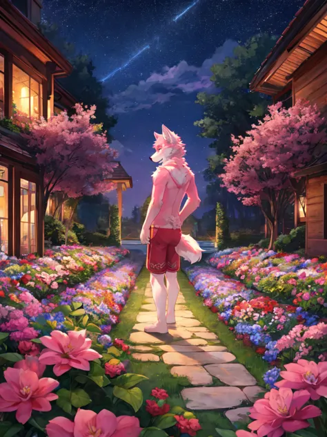 top quality, expensive_solve, clear_image, detailed background, 1boy, wolf, furry, pink fur, tail, flower, garden, starry sky,